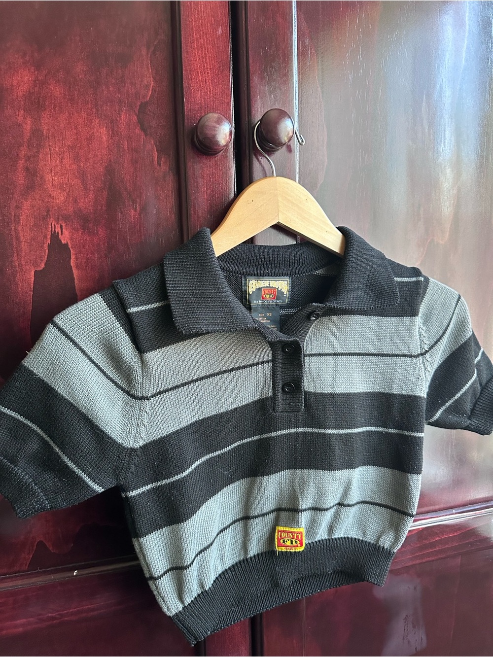 Striped Knit Crop Polo Top in Black and Gray